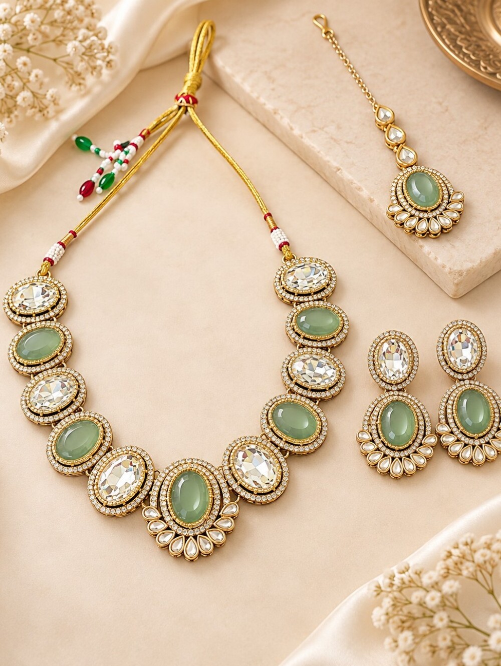 Sage Green Kundan Necklace Set with Earrings & Maang Tikka | Festive Jewelry